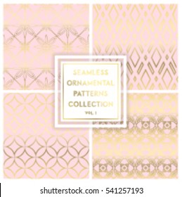 Collection of seamless summer ornametal patterns. Gold texture on pink set. Golden background. Abstract geometric vector seamless pattern. Geometric background with rhombus.