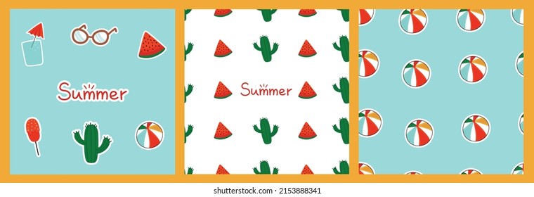 Collection of seamless summer patterns and stickers. Set of vector elements and backgrounds with watermelons, beach balls, cactus.