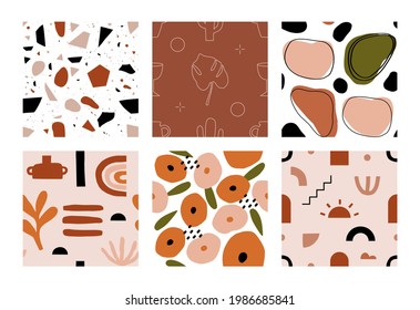 Collection of Seamless Terrazzo floor tiles, Monstera and cactus line art, Abstract geometric color shapes, boho rainbow and pottery contemporary, Scandinavian flowers design, sun and stairs pattern