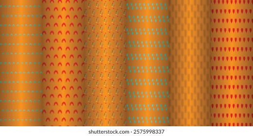  A collection of seamless textile patterns featuring vibrant designs with  and multicolor motifs on a golden background, perfect for fabric, décor, and creative design projects.
