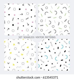 Collection of seamless textures in the design of Memphis. Retro style of 80-90-ies. Abstract geometric backgrounds. Flat vector illustration.