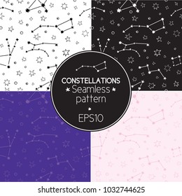 Collection of seamless textures starry sky, constellations, universe. Black and white Gothic backgrounds. Painted night sky, falling snow patterns with spots, spots of different sizes.