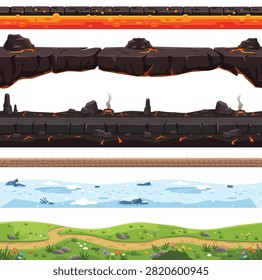 Collection of seamless tileable terrain border vector illustrations designed for 2D game level design, featuring six distinct environment themes including volcanic lava rock platforms, cracked stone bridges, smoking volcanic ground, brick pathways, icy snow covered water, and grassy flower filled dirt paths. Each strip is created for horizontal seamless looping, making them perfect for side scrolling platformer games, mobile game environments, and level design across multiple biomes. The volcanic themed borders feature glowing orange lava, cracked rock textures, and smoking vents for fire and underworld levels, while the ice border showcases floating icebergs and snow patches for winter themed stages. The grass border includes a winding dirt path surrounded by colorful wildflowers and rocks for nature and adventure levels. This flat design asset pack works seamlessly for app development, animation projects, website graphics, and educational game content. The scalable vector format ensures crisp quality across mobile and desktop platforms, ideal for platformer games, adventure games, puzzle games, and multi environment level design requiring diverse terrain ground assets.