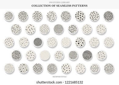 Collection of seamless trendy patterns. Memphis style - fashion 80-90s. Vector repeatable backgrounds. You can find tileable textures in swatches panel.