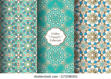 Collection of seamless turquoise and gold patterns.  Victorian damask seamless pattern. Golden vintage design elements. Elegant Decorative ornament for wallpaper, fabric, paper.