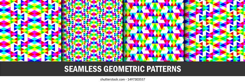 Collection of seamless vector abstract patterns. Multicolor mosaic triangle shapes backgrounds. Set of repeat bright 10 eps wallpapers. For deign, fabric, textile, cover, web, wrapping etc.
