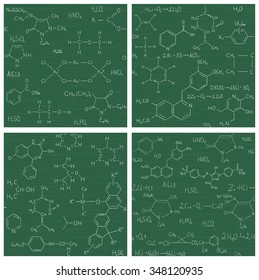 Collection of seamless vector backgrounds with chemistry formulas and equations on school board. Endless texture can be used for wallpaper, pattern fills, web page background, surface textures 