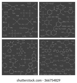 Colección de fondos vectoriales sin fisuras con fórmulas y ecuaciones de química en el tablero escolar. La textura sin fin se puede utilizar para la educación o el diseño científico, fondo de pantalla, página web