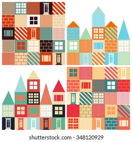 Colección de fondos vectoriales sin fisuras con casas hechas de bloques decorativos. Se puede usar textura sin fin para el diseño de la construcción, papel tapiz, rellenos de patrones, fondo de página web, texturas superficiales 
