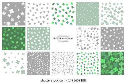 Collection of seamless vector clover leaves patterns. Stylish design for St. Patricks day. For print, fabric, textile, cover, wrapping etc. 10 eps simple green botanic backgrounds.