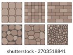 A collection of seamless vector floor patterns in warm brown tones Includes irregular stone slabs gravel ceramic tiles and bricks for interior design flooring mockups backgrounds and game textures.