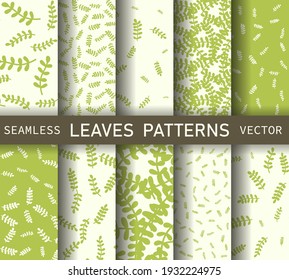 Collection of seamless vector leaves patterns. Stylish design for print, fabric, textile, cover, wrapping etc. Set of 10 eps simple green botanic backgrounds.