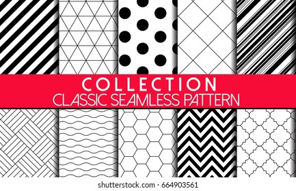 COLLECTION OF SEAMLESS VECTOR PATTERN. BASIC GEOMETRIC ELEMENTS. DIVERSE MODERN LINEAL TEXTURE