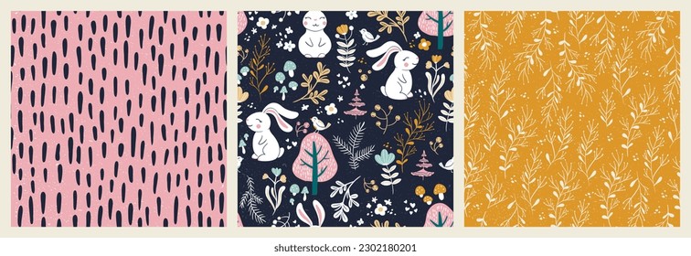 Collection of seamless vector pattern with cute white bunnies, birds, mushrooms, trees and forest background set. Contemporary collage pattern perfect for baby or children fabric, print materials.