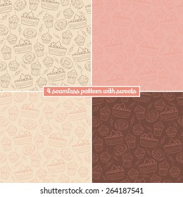 Collection of seamless vector pattern with muffins, sweets, donuts and cakes