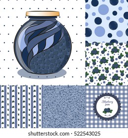 Collection of seamless vector patterns, blueberry jam can and blueberry jam label.