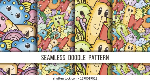 Collection of seamless vector patterns with cartoon monsters and beasts. Nice for packaging, wrapping paper, coloring pages, wallpaper, fabric, fashion, home decor, prints etc. Vector illustration