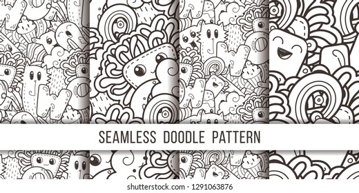 Collection of seamless vector patterns with cartoon monsters and beasts. Nice for packaging, wrapping paper, coloring pages, wallpaper, fabric, fashion, home decor, prints etc. Vector illustration