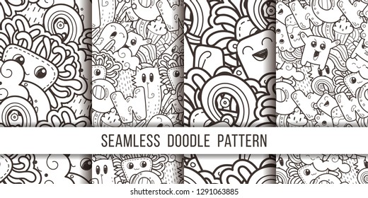 Collection of seamless vector patterns with cartoon monsters and beasts. Nice for packaging, wrapping paper, coloring pages, wallpaper, fabric, fashion, home decor, prints etc. Vector illustration