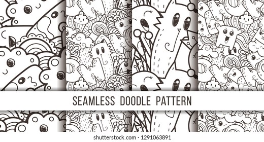 Collection of seamless vector patterns with cartoon monsters and beasts. Nice for packaging, wrapping paper, coloring pages, wallpaper, fabric, fashion, home decor, prints etc. Vector illustration