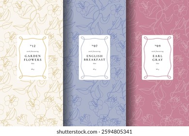 A collection of seamless vector patterns featuring intricate floral designs, perfect for enhancing tea packaging aesthetics. These patterns are ideal for various tea products, adding a touch of elegan