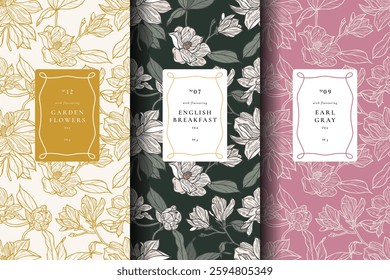 A collection of seamless vector patterns featuring intricate floral designs, perfect for enhancing tea packaging aesthetics. These patterns are ideal for various tea products, adding a touch of elegan