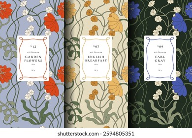 A collection of seamless vector patterns featuring intricate floral designs, perfect for enhancing tea packaging aesthetics. These patterns are ideal for various tea products, adding a touch of elegan