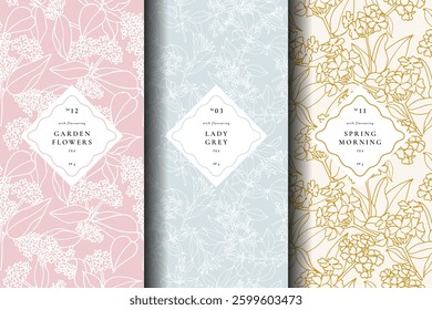 A collection of seamless vector patterns featuring intricate floral designs, perfect for enhancing tea packaging aesthetics. These patterns are ideal for various tea products