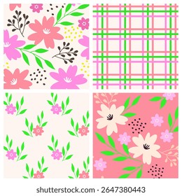Collection of seamless vector patterns with floral designs and a colorful plaid of pink, purple, and green colors, summer set for textiles, wrapping paper, stationery, digital backgrounds.