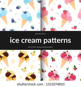 Collection of seamless vector patterns with ice cream cones with various toppings, syrup and fruit. Cute smiley character, flat cartoon illustration. Endless backdrop for kids cafe menu.