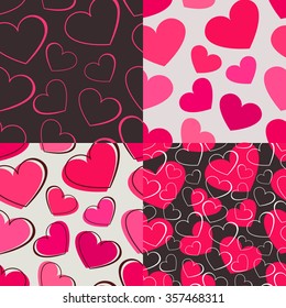 Collection of seamless vector patterns. Set of patterns with pink hearts on dark or light backgrounds. Could be used for wrapping paper, textile or other print and web materials.