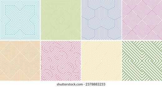 Colección de patrones geométricos de tejido sin costura. Colores interminables texturas rayadas - fondos delicados. Impresiones repetibles brillantes