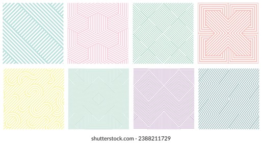 Colección de patrones geométricos de tejido sin costura. Delicadas texturas rayadas - telón de fondo de moda de color creativo. Impresiones pasteles repetibles