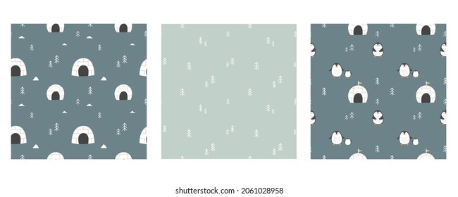 Collection of seamless winter hand-drawn patterns with penguins and igloo. Vector illustration.