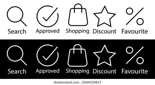 Collection of Search, Approved, Shopping, Discount and Favourite icons related to shoping. Vector illustartion isolated on black and white background.