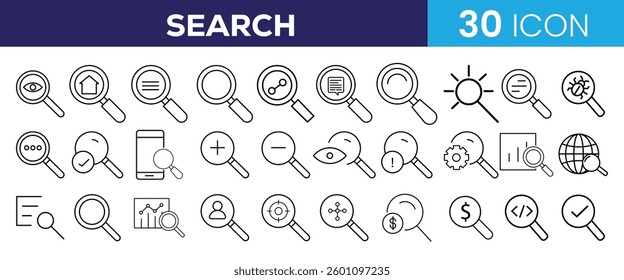 Collection of search line icon vector illustration. magnifying glass, search engine, data analysis, business, digital marketing line icon vector on white background