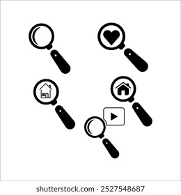 collection of Search line icons set vector illustration. search for love, home, and movies. with Magnifying glass, research, discover, zoom, SEO, history, detect and identify.
