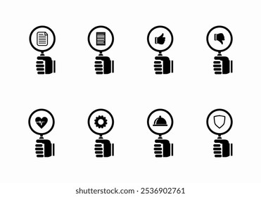 Collection of search magnifying glass icons. Vector illustration. Contains search, magnifier, glass, folder, magnifying glass, settings, shield, food, data, research, report, heart, heart.