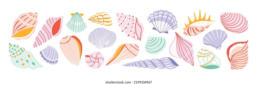 Collection of seashell illustrations in pastel colors. Vector flat illustration