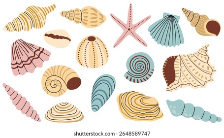 Collection of seashell and starfish in pastel color palette, cartoon flat style. Soft marine design perfect for summer decor, kids, stationery, scrapbooking, beach themes, and ocean clipart.