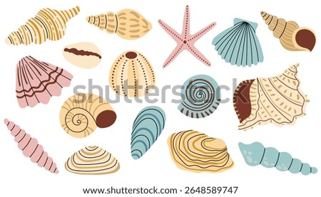 Collection of seashell and starfish in pastel color palette, cartoon flat style. Soft marine design perfect for summer decor, kids, stationery, scrapbooking, beach themes, and ocean clipart.