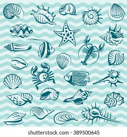 collection of seashells, crabs and fish on blue background