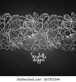 Collection of  seashells drawn in line art style on chalkboard. Ocean endless vector border. Coloring page design. 