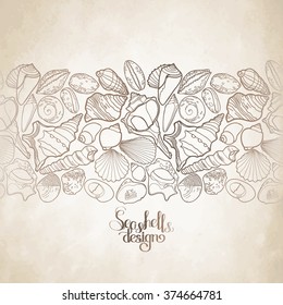 Collection Of Seashells Drawn In Line Art Style On Craft Paper Texture Sea And Ocean