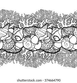 Collection of  seashells drawn in line art style on white background. Sea and ocean endless vector border. Coloring page design for adults and kids