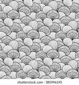 Collection of  seashells drawn in line art style on white background. Ocean seamless vector pattern. Coloring book page design for adults and kids