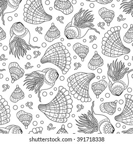 Collection of seashells drawn in line art style on white background. Ocean seamless vector pattern. Adult coloring book