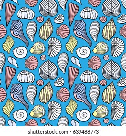 Collection of  seashells hand drawn outline illustrations. Seashell blue color seamless pattern. Sea motive decorative design.