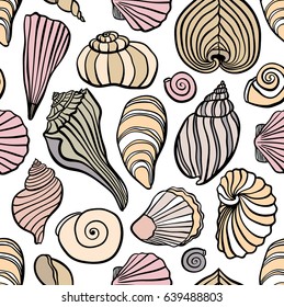 Collection of seashells hand drawn outline illustrations. Seashell set seamless pattern. Sea motive design.