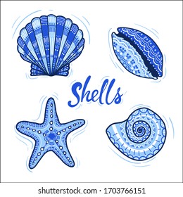 
collection of seashells with handmade ornaments. vector seashells in blue colors.